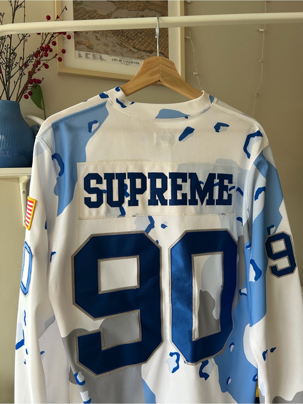 Supreme White & Light Blue Camo Hockey Jersey with Navy '90' - Picture 2 of 11